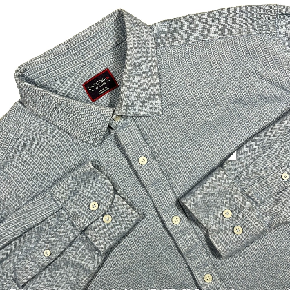 Untuckit Librando Regular Fit Button Up Flannel Shirt Men's 2XL Herringbone Blue